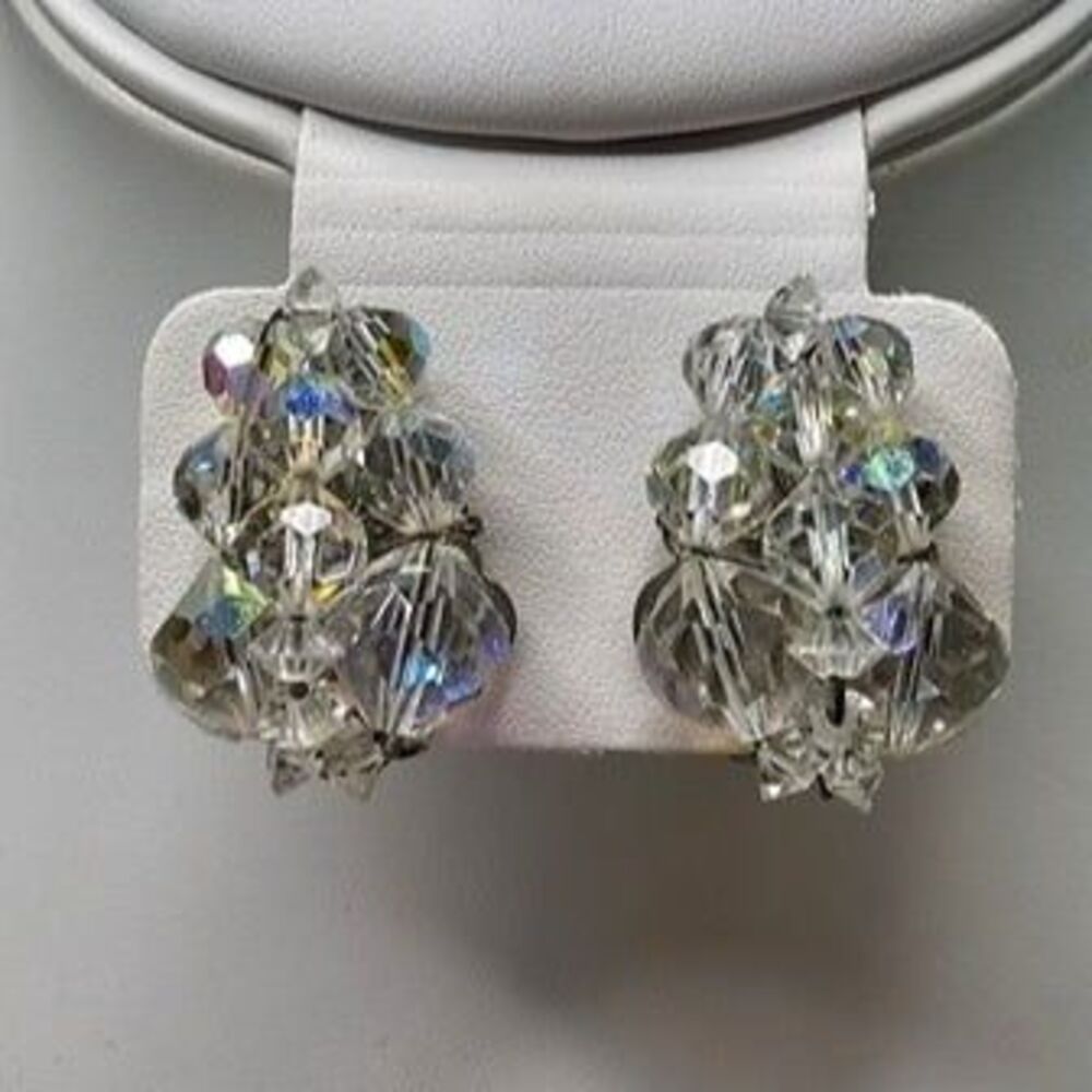 Vintage Aurora Borealis Coated Faceted Cut Cluster of Grapes Clip-on Earrings